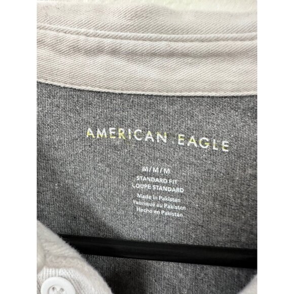 π 2/$20 πAmerican Eagle Gray and Black Block Stripe Long Sleeve Logo Polo sz M - Picture 3 of 7